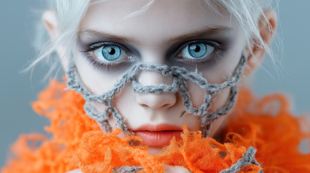 A young girl poses confidently, showcasing striking blue eyes and elaborate face makeup. She wears an orange fluffy garment that contrasts with the unique stitching around her face. Generated AI. This is a fictional character not a real personの素材