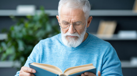 Older man reading a book in a modern setting Generated AI. This is a fictional character not a real personの素材