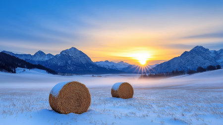 Bales of hay dot the snow-covered landscape as the sun rises over majestic mountains. The sky transitions from deep blue to vibrant orange, creating a tranquil winter morning.の素材