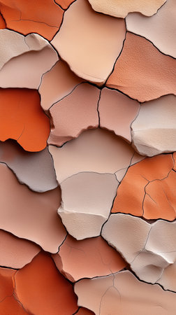 A close-up view of a textured wall featuring various hues of terracotta and peach. The surface shows cracks and irregular shapes, creating an artistic composition of color and form.の素材