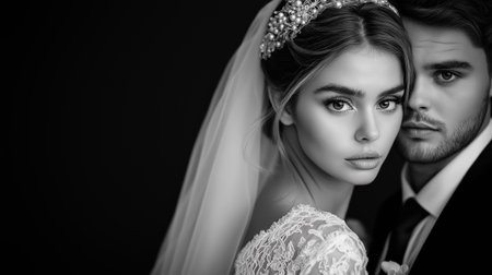 A bride and groom pose closely, exuding elegance and intimacy. The striking black and white tones enhance their features, creating a classic atmosphere of romance and commitment.の素材