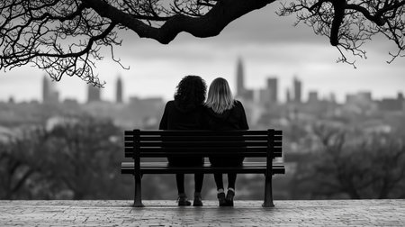 Two friends sit closely on a bench, overlooking a city skyline shrouded in gray hues. The trees' branches arch overhead, adding depth to this calm and reflective moment.の素材