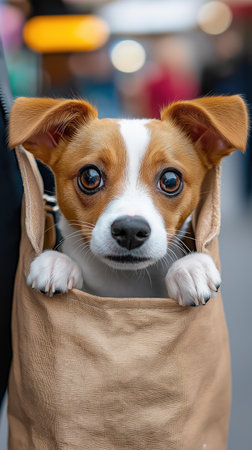 A small dog with expressive eyes peeks out from a beige bag held by its owner. The dog looks curious, enjoying a lively urban atmosphere with blurred figures in the background.の素材