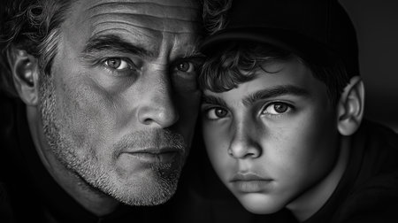 Two faces, a father and son, are closely positioned, showcasing their intense gaze. This intimate portrait captures deep emotions and the bond between them, creating a powerful visual narrative.の素材