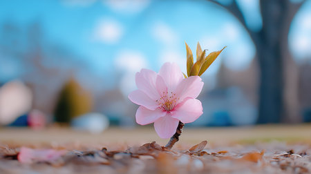A delicate cherry blossom blooms on a thin stem amidst fallen leaves, catching the soft sunlight. The background shows trees and hints of a neighborhood, signaling the arrival of spring.の素材