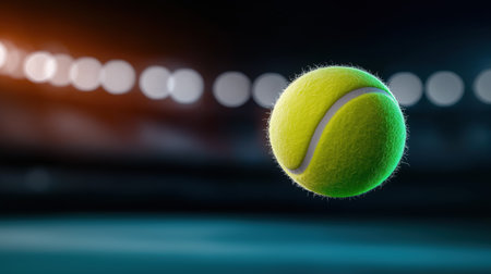 A bright green tennis ball hovers in the air, illuminated by lights from the surrounding court. The atmosphere captures the excitement of a competitive match taking place at night.の素材