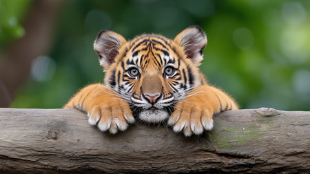 A young tiger cub relaxes on a wooden log, gazing curiously into the distance. Lush greenery surrounds the cub, providing a vibrant backdrop for this playful moment in its natural habitat.の素材