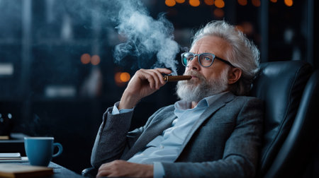 Mature man with beard smoking cigar in vintage chair, relaxed in moody light and thoughtful posture.の素材