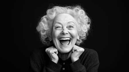 Black and white portrait of joyful elderly woman laughing with hands on cheeksの素材
