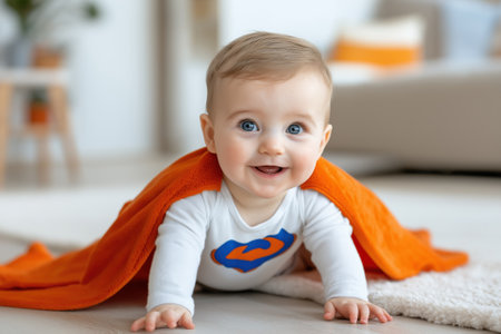 Joyful baby lying on bed wearing orange superhero capeの素材