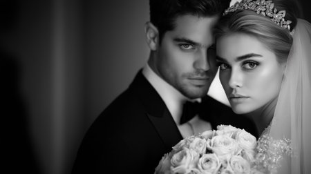 Elegant black and white photo of bride and groom holding bouquetの素材
