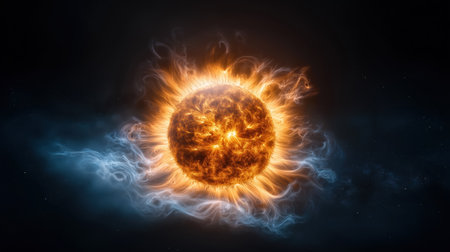 A vibrant sun radiates energy, surrounded by swirling cosmic clouds in a dark space. The intense colors highlight the sun's surface and its ethereal atmosphere, creating a stunning celestial display.の素材