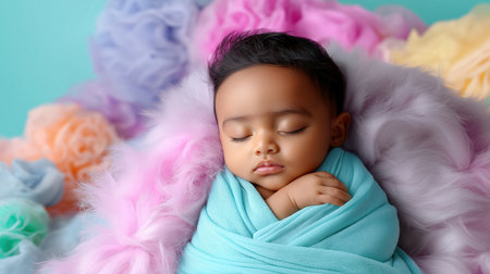 Adorable baby sleeping soundly wrapped in a turquoise blanket, lying on a soft fur surface in a serene setting.の素材