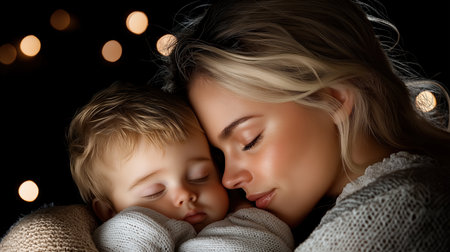 Peaceful scene of a mother holding her sleeping baby close, showing love and protection.の素材