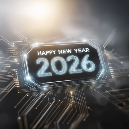 Happy New Year 2026 plated on an electronic board delivers a cyber greeting suited for tech brand launch visuals banners and modern holiday messagingの素材