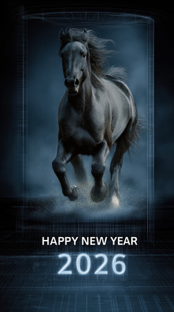 Happy New Year 2026 vertical poster of a cyber horse with particles provides a futuristic celebration perfect for social stories campaign intros and tech brandsの素材