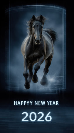 Happy New Year 2026 vertical poster with a galloping horse in a digital tunnel serves as a dynamic festive opener for stories and event screensの素材