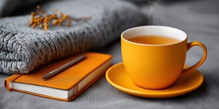 Steaming orange cup beside notebook and scarf. Ideal for cozy tea and notebook scenes, autumn hygge lifestyle and creative work break visuals.の素材