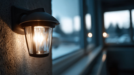Warm outdoor wall lamp on in the evening. Useful for home exterior lighting, outdoor wall lamp themes and safety architecture visuals.の素材