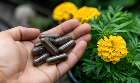 Hand with dark herbal capsules near marigold flowers communicates natural supplement detox and immunity concept ideal for wellness branding and product pagesの素材