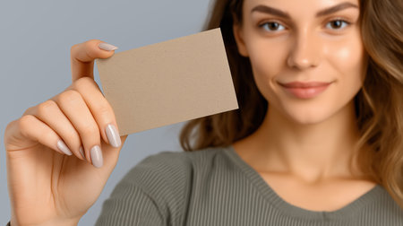 Woman holding a blank business card in studio portrait provides a clean branding mockup with soft light for corporate identity presentations and marketing materialsの素材
