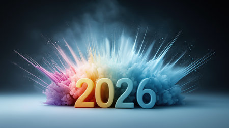 2026 neon digits surge from an icy smoke burst creating an electrifying new year celebration image designed for bold marketing visuals and event graphicsの素材