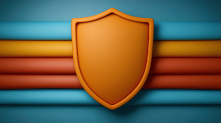 Orange shield emblem on a striped background acts as a cybersecurity protection badge suitable for technology branding websites dashboards and marketing visualsの素材