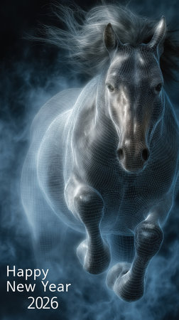 Happy New Year 2026 poster featuring a galloping horse with blue particles creates a dynamic celebration concept for events advertising and sports brandingの素材