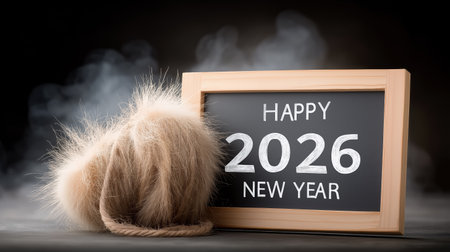 Chalkboard with Happy 2026 New Year and fluffy wool decor, cozy winter vibe. Fits greeting cards, holiday promotion, seasonal celebration and home decoration content.の素材