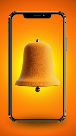 Smartphone with notification bell icon on screen. Great for app notification alert topics, digital communication visuals and mobile UI presentations.の素材