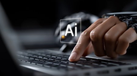 Close finger activates ai button above keyboard neon light ideal for software landing pages startup presentations and future technology themes sleek modern feelの素材