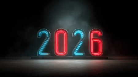 Glowing neon numbers 2026 on a dark stage. Perfect for holiday campaigns, future date announcements, 2026 new year events and modern celebration banners.の素材