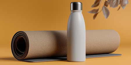 Rolled yoga mat with reusable bottle on warm background conveys minimal fitness gear healthy lifestyle and hydration great for wellness brands classes and sports retailの素材