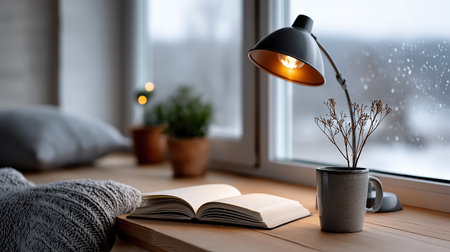 Cozy reading nook with book blanket mug and rainy window creates calming hygge interior perfect for lifestyle blogs ads home goods and mindfulness contentの素材