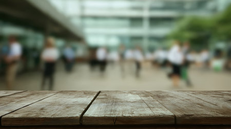 Empty wooden tabletop with blurred city crowd background offers perfect product display mockup for advertising headers restaurant menus and urban lifestyle promotionsの素材