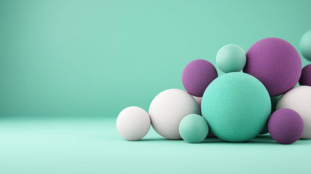 Cluster of pastel spheres on mint backdrop balanced and playful great for branding youth campaigns creative packaging and modern abstract compositionsの素材