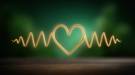 Warm glowing heart with wave line on moody stage suggests romance health and vitality great for wellness brands valentines promotions and modern lifestyle adsの素材