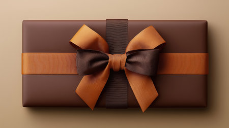 Stylish gift box tied with brown and orange ribbon on neutral background suited for holiday marketing seasonal offers birthdays and celebratory landing pagesの素材