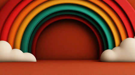 Curved rainbow tunnel with fluffy clouds forms a cheerful stage great for kids events party promotions education visuals and bright branding compositionsの素材
