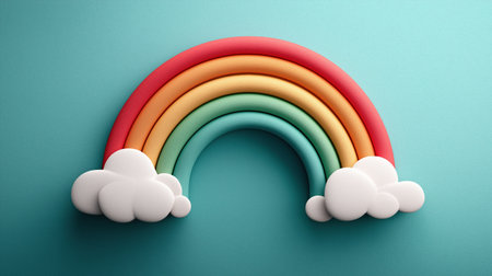 Simple rainbow and clouds on aqua backdrop delivers a joyful kids friendly aesthetic ideal for nursery art education materials party invites and cheerful promotionsの素材