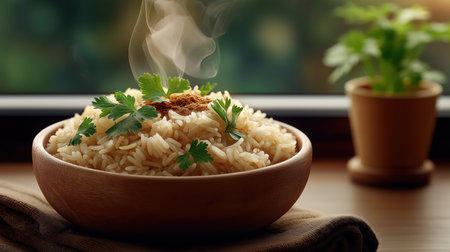 Hot bowl of rice garnished with herbs in natural light evokes homestyle comfort ideal for restaurant menus culinary blogs meal kit promotions and food editorialsの素材