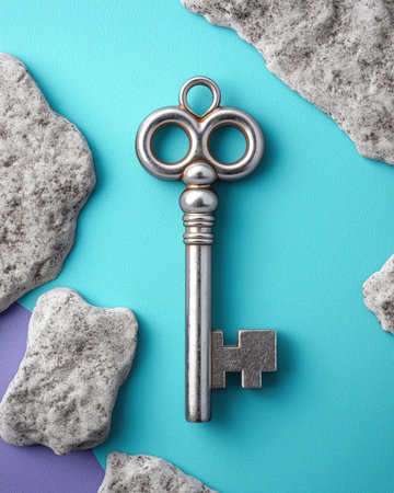 Classic metal key placed on colorful textured background communicates access password and heritage suitable for real estate branding escape rooms and editorial graphicsの素材
