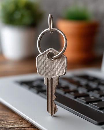 Closeup house key by keyboard merges property theme with cybersecurity great for mortgage services rental portals login education and digital real estate marketingの素材