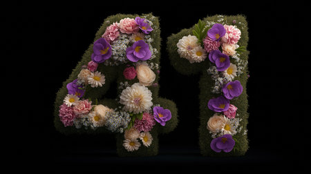 Decorative number forty one crafted from fresh flowers on black background great for birthday invitations anniversary milestones wedding decor and celebratory brandingの素材