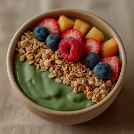 Vibrant green smoothie bowl with crunchy granola and assorted fruit communicates clean eating wellness and fitness nutrition ideal for menus blogs and packaging designの素材
