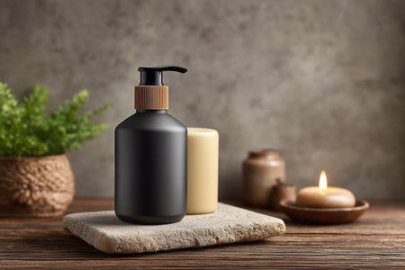 Minimal spa arrangement with black dispenser candles and towel on stone tray calming light suits wellness branding skincare packaging design and relaxation campaignsの素材