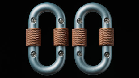 Two locking carabiners with knurled sleeves on black background ideal for climbing gear catalogs outdoor adventure branding and safety training visualsの素材
