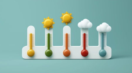 Colorful thermometers and weather symbols on aqua backdrop provide friendly assets perfect for climate education app UI kits news graphics and seasonal campaignsの素材
