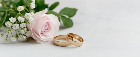 Two golden wedding bands near delicate pink rose on soft background perfect for wedding invitations jewelry ads and romantic greeting cardsの素材
