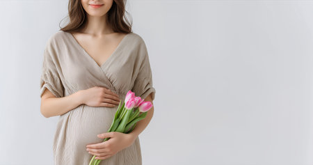 Young expectant mother in beige dress hugging belly with bouquet of tulips on light background ideal for parenting blogs and healthcare adsの素材